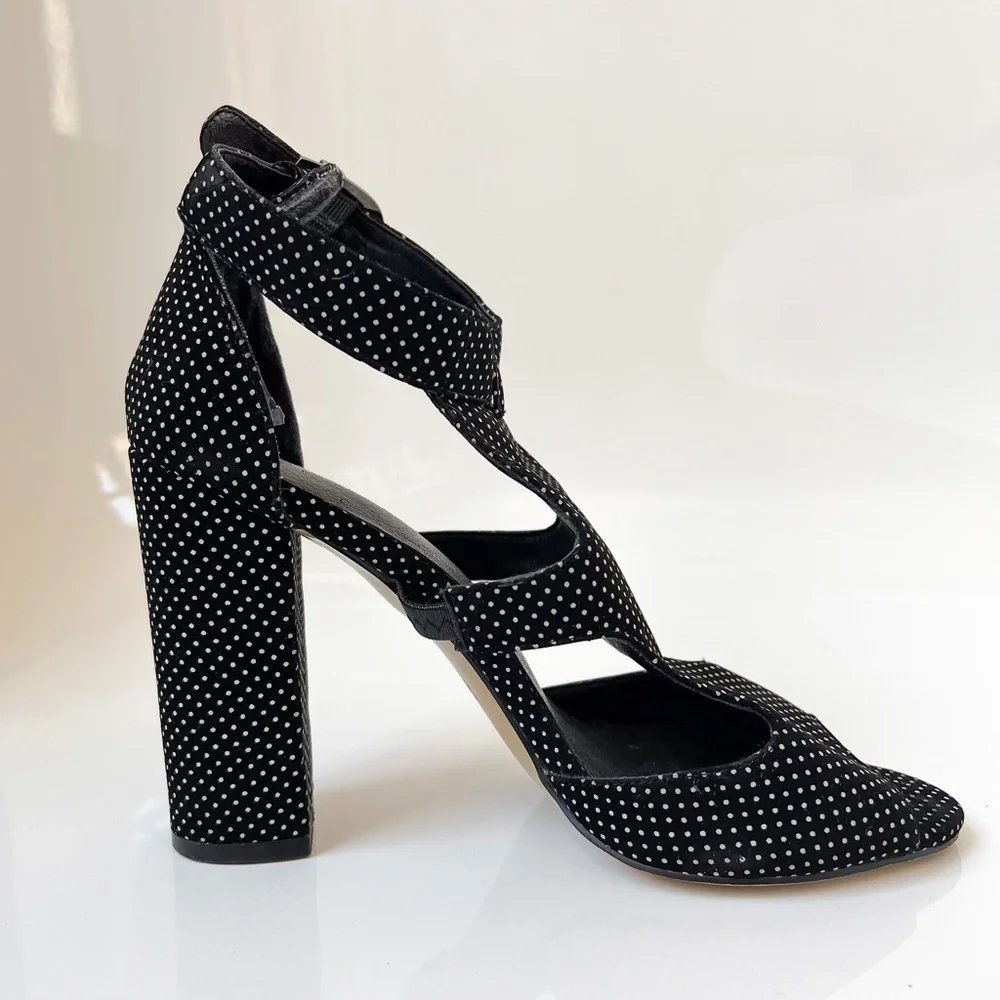 Baldi London Polka Dot Cage Sandal High Block Heel Open Toe Black White 8.5